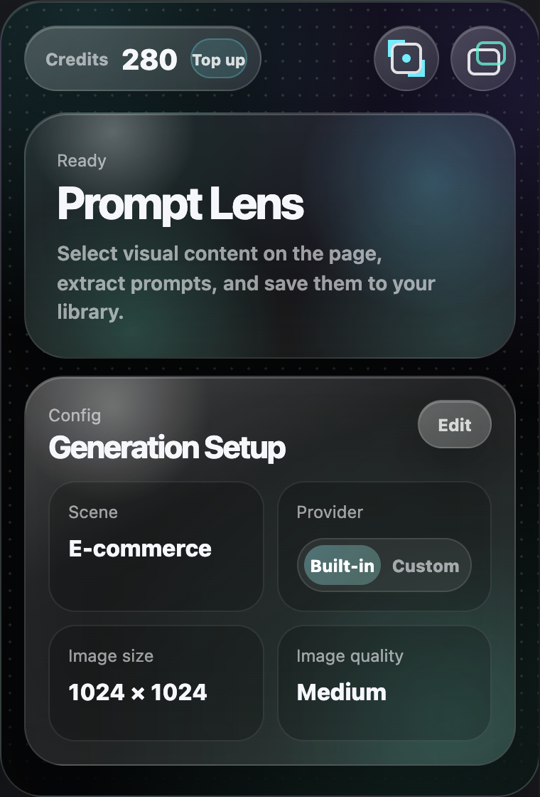 FrameCue popup showing credits, capture, library, and model settings